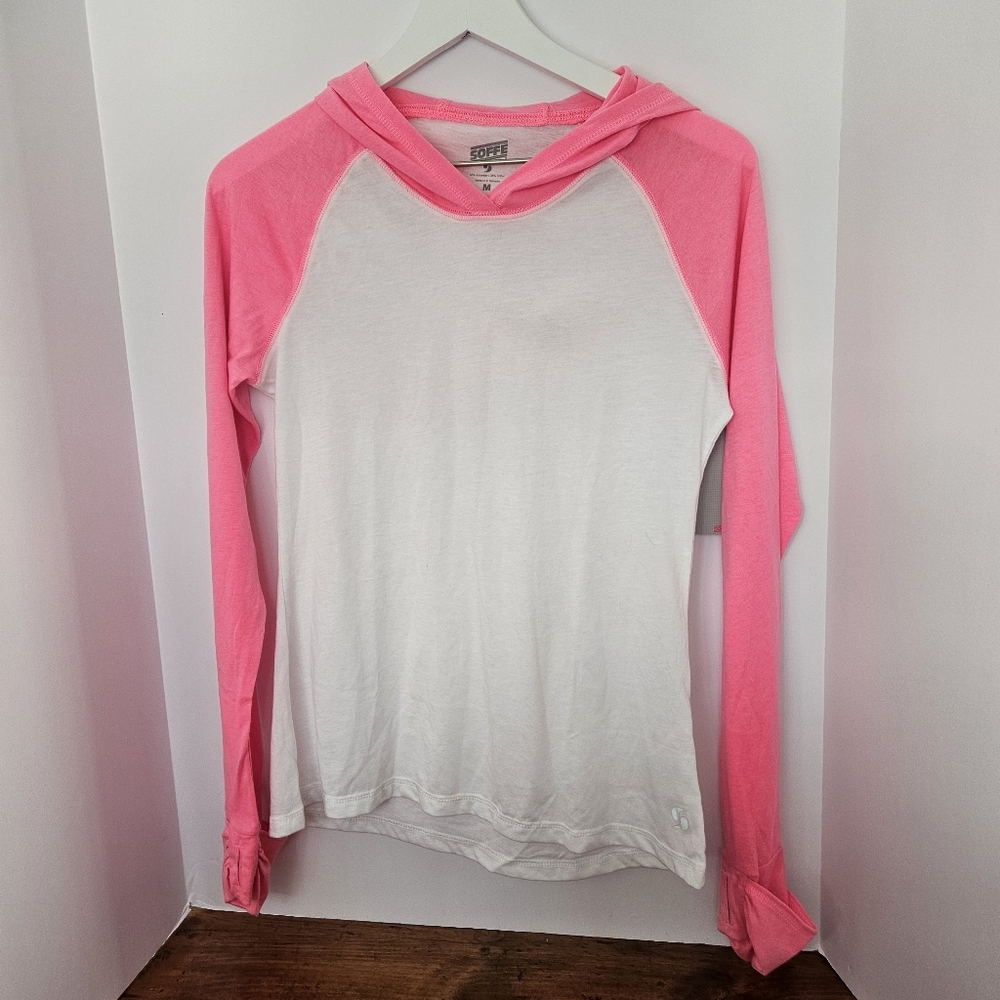 Soffe Juniors No Sweat Colorblock Hooded Tshirt Long Sleeves White & Pink Raglan